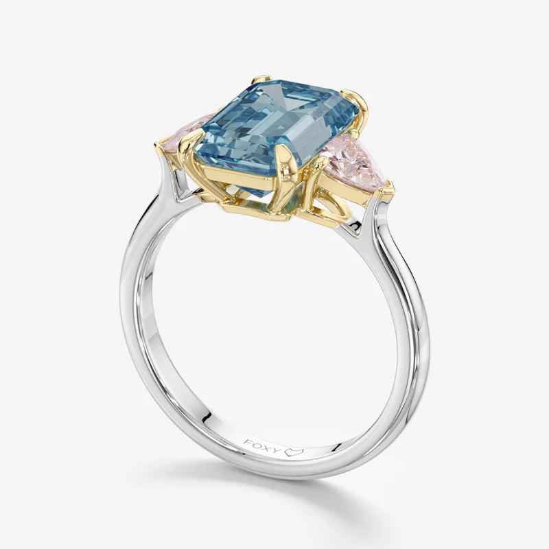 3ct Blue Emerald Lab Diamond Trilogy Ring Trillion Side Diamonds E VVS 18K Gold
