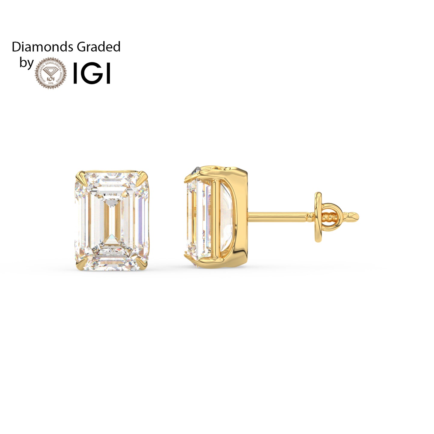 4ct Emerald Lab Diamond Solitaire Stud Earrings - E/VVS 14K Gold