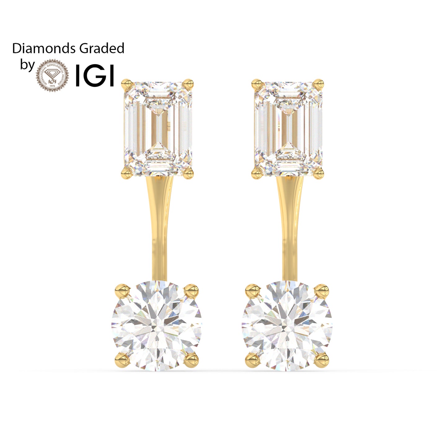 4ct Emerald and Round Drop Lab Diamond Earrings E VVS 18K Gold