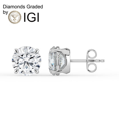 2ct Round Lab Diamond Solitaire Stud Earrings - E/VVS 14K Gold