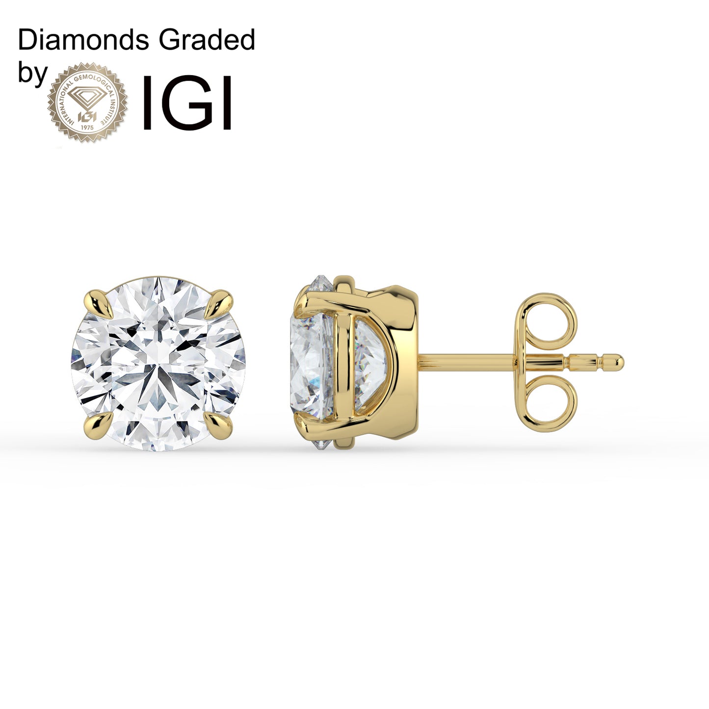 2ct Round Lab Diamond Solitaire Stud Earrings - E/VVS 14K Gold