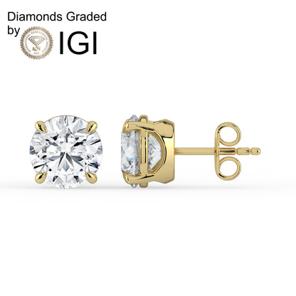 2ct Round Lab Diamond Solitaire Stud Earrings - E/VVS 14K Gold
