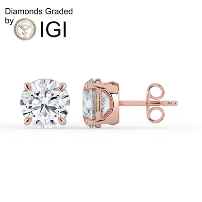2ct Round Lab Diamond Solitaire Stud Earrings - E/VVS 14K Gold