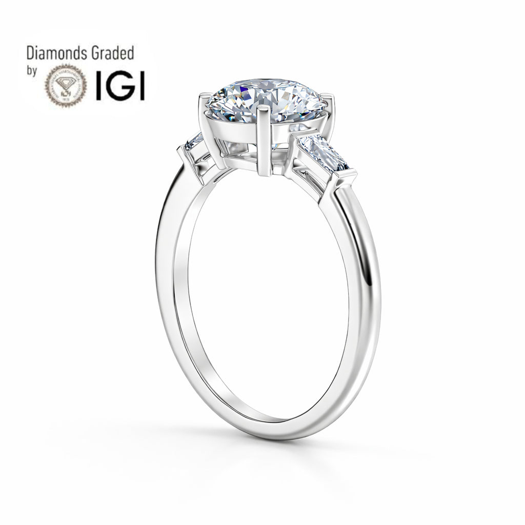 3ct Round Lab Diamond Trilogy Ring with Baguette Side Diamonds Platinum