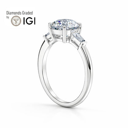 2ct Round Lab Diamond Trilogy Ring with Baguette Side Diamonds Platinum