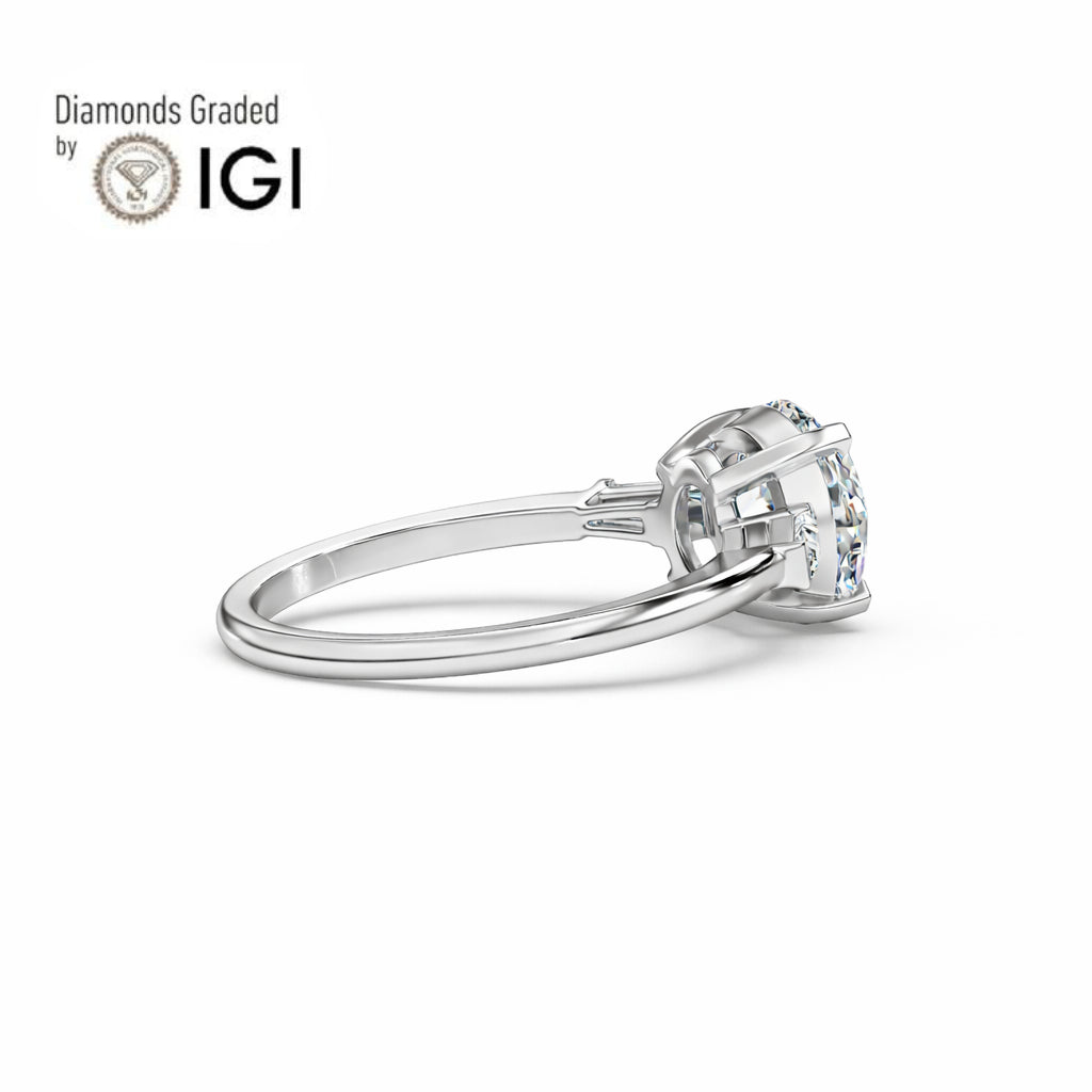 3ct Round Lab Diamond Trilogy Ring with Baguette Side Diamonds Platinum