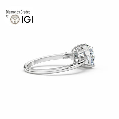 2ct Round Lab Diamond Trilogy Ring with Baguette Side Diamonds Platinum