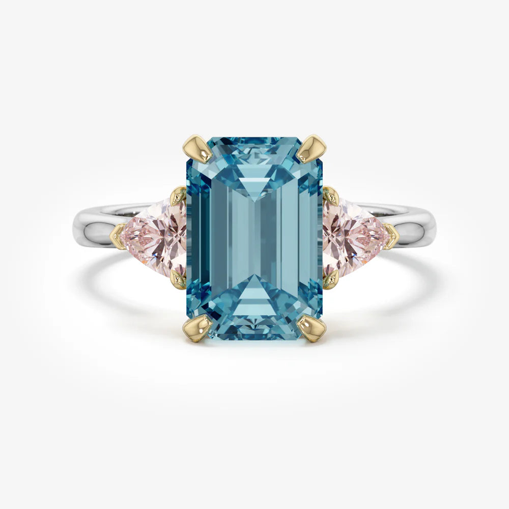 3ct Blue Emerald Lab Diamond Trilogy Ring Trillion Side Diamonds E VVS 18K Gold