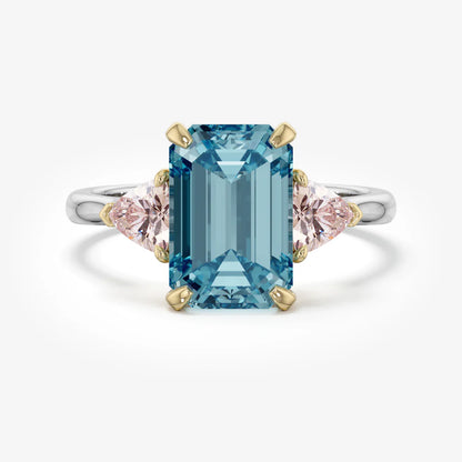 3ct Blue Emerald Lab Diamond Trilogy Ring Trillion Side Diamonds E VVS 18K Gold