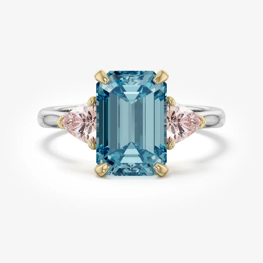 3ct Blue Emerald Lab Diamond Trilogy Ring Trillion Side Diamonds E VVS 18K Gold