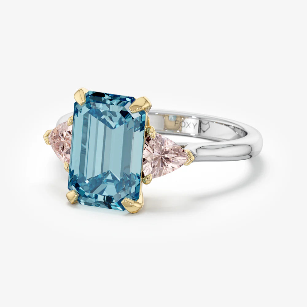 3ct Blue Emerald Lab Diamond Trilogy Ring Trillion Side Diamonds E VVS 18K Gold