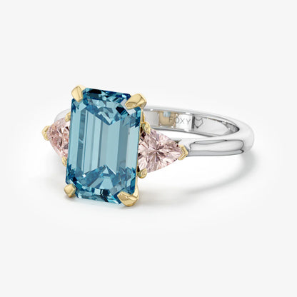 3ct Blue Emerald Lab Diamond Trilogy Ring Trillion Side Diamonds E VVS 18K Gold
