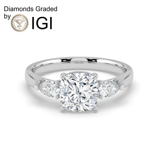 2ct Cushion Lab Diamond Trilogy Ring with Pear Side Diamonds - E/VVS 18K Gold