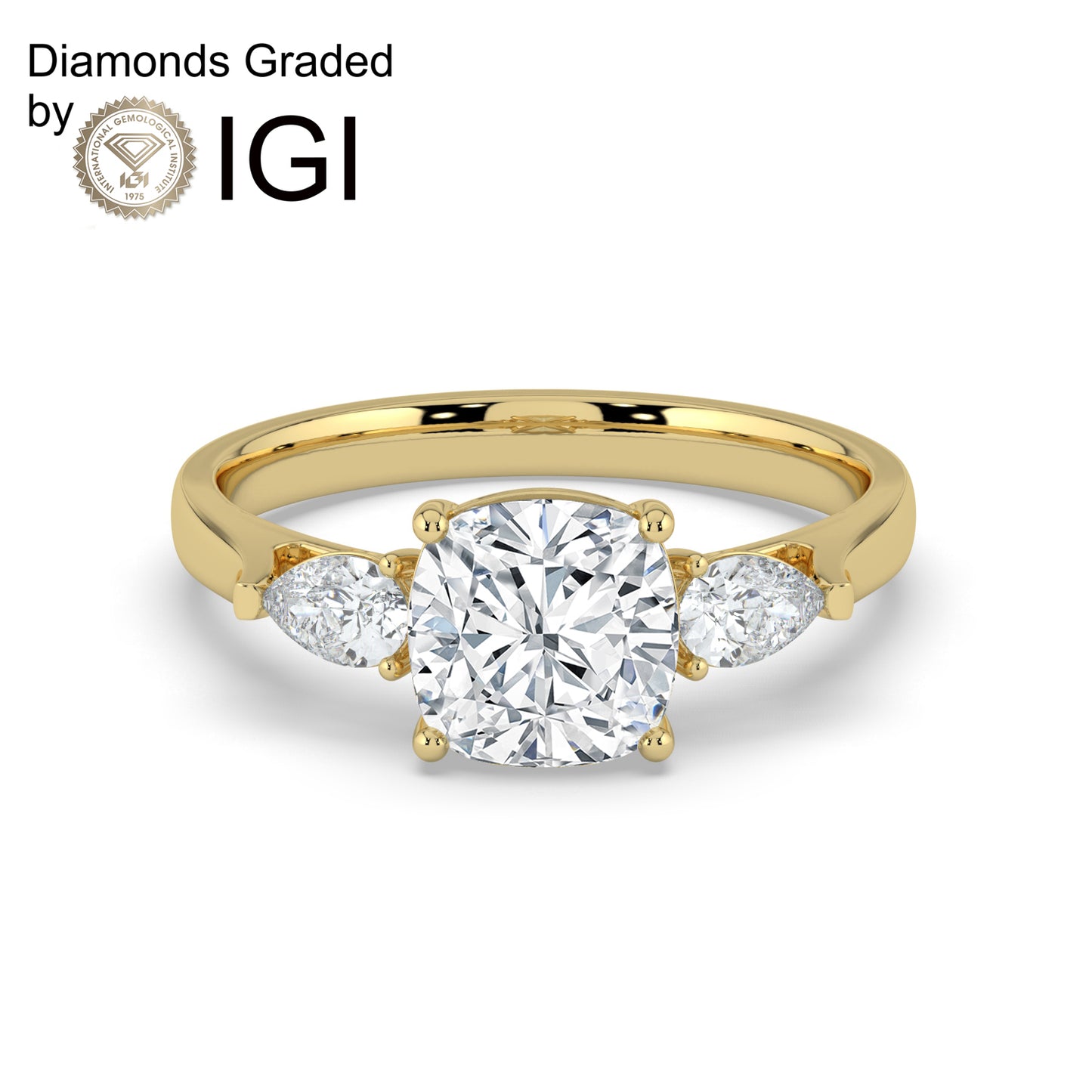 2ct Cushion Lab Diamond Trilogy Ring with Pear Side Diamonds - E/VVS 18K Gold