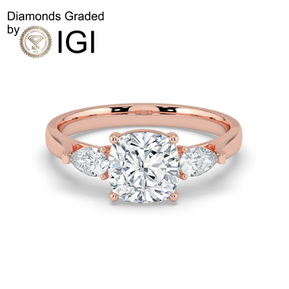 2ct Cushion Lab Diamond Trilogy Ring with Pear Side Diamonds - E/VVS 18K Gold