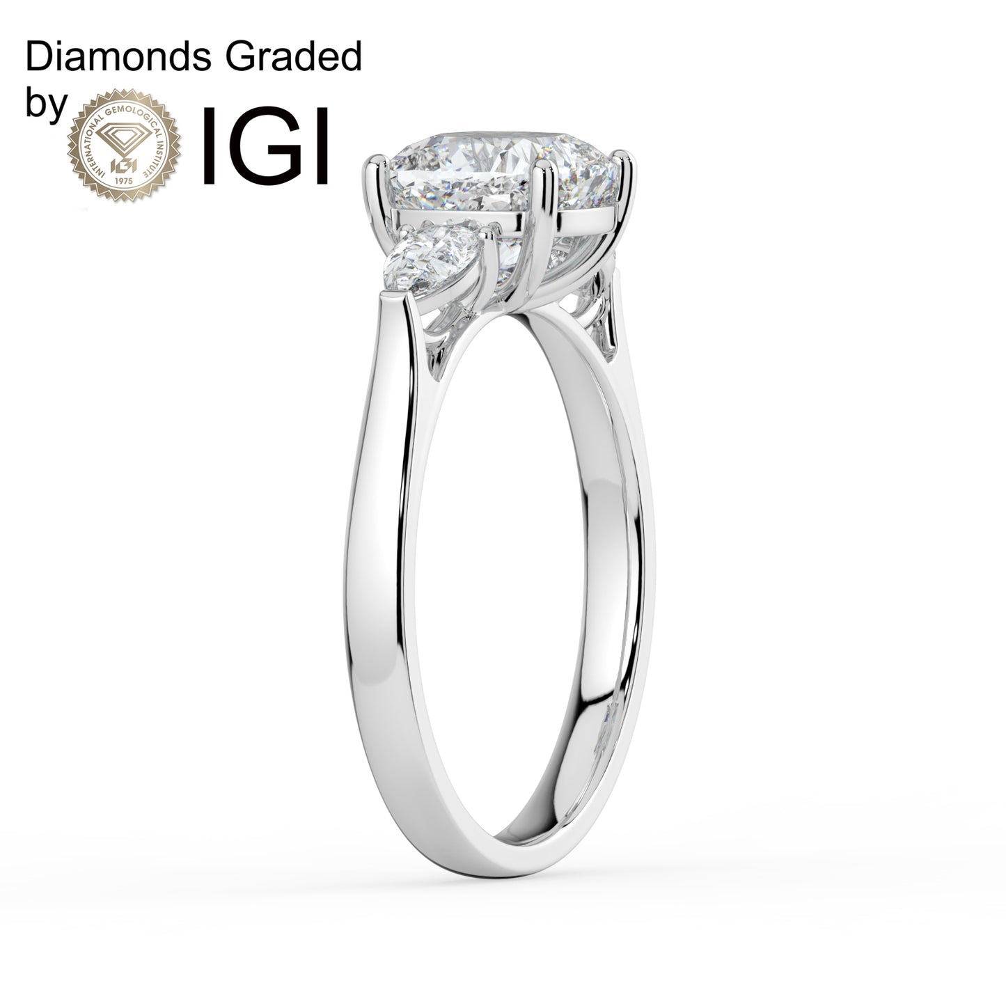 2ct Cushion Lab Diamond Trilogy Ring with Pear Side Diamonds - E/VVS 18K Gold
