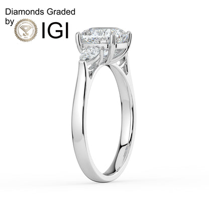 2ct Cushion Lab Diamond Trilogy Ring with Pear Side Diamonds - E/VVS 18K Gold