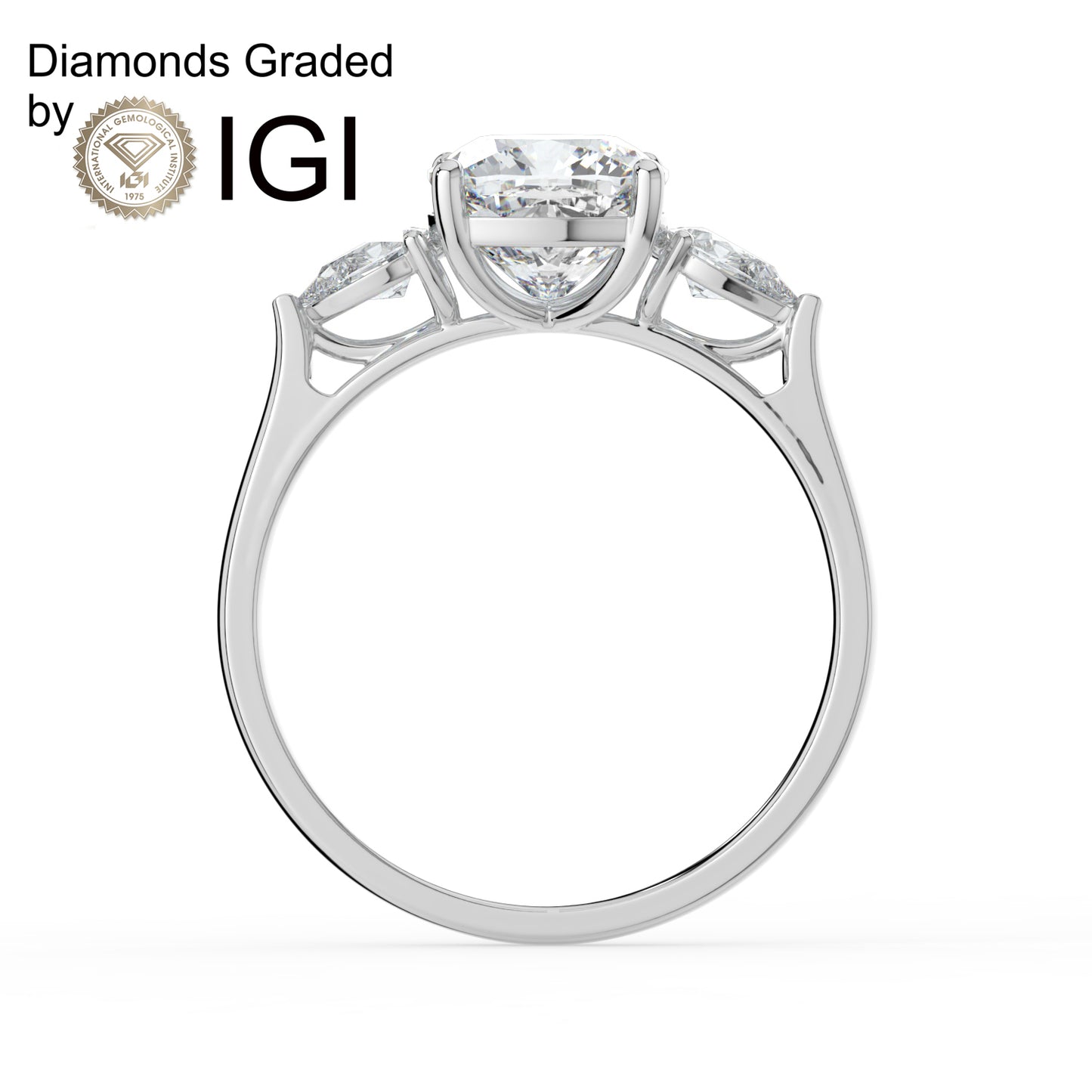 2ct Cushion Lab Diamond Trilogy Ring with Pear Side Diamonds - E/VVS 18K Gold