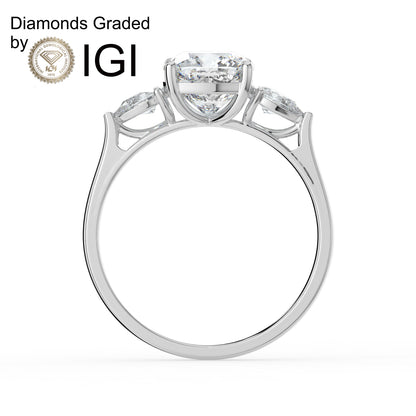 2ct Cushion Lab Diamond Trilogy Ring with Pear Side Diamonds - E/VVS 18K Gold