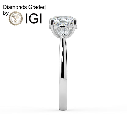 2ct Cushion Lab Diamond Trilogy Ring with Pear Side Diamonds - E/VVS 18K Gold