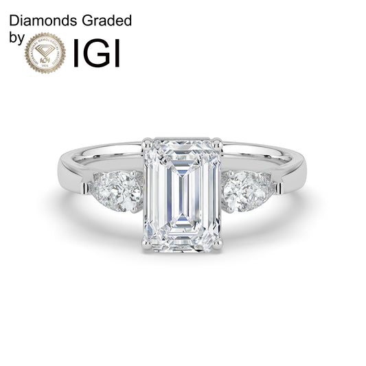 2ct Emerald Lab Diamond Trilogy Engagement Ring with Pear Side Diamonds - E/VVS 18K Gold