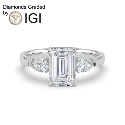 2ct Emerald Lab Diamond Trilogy Engagement Ring with Pear Side Diamonds - E/VVS 14K Gold