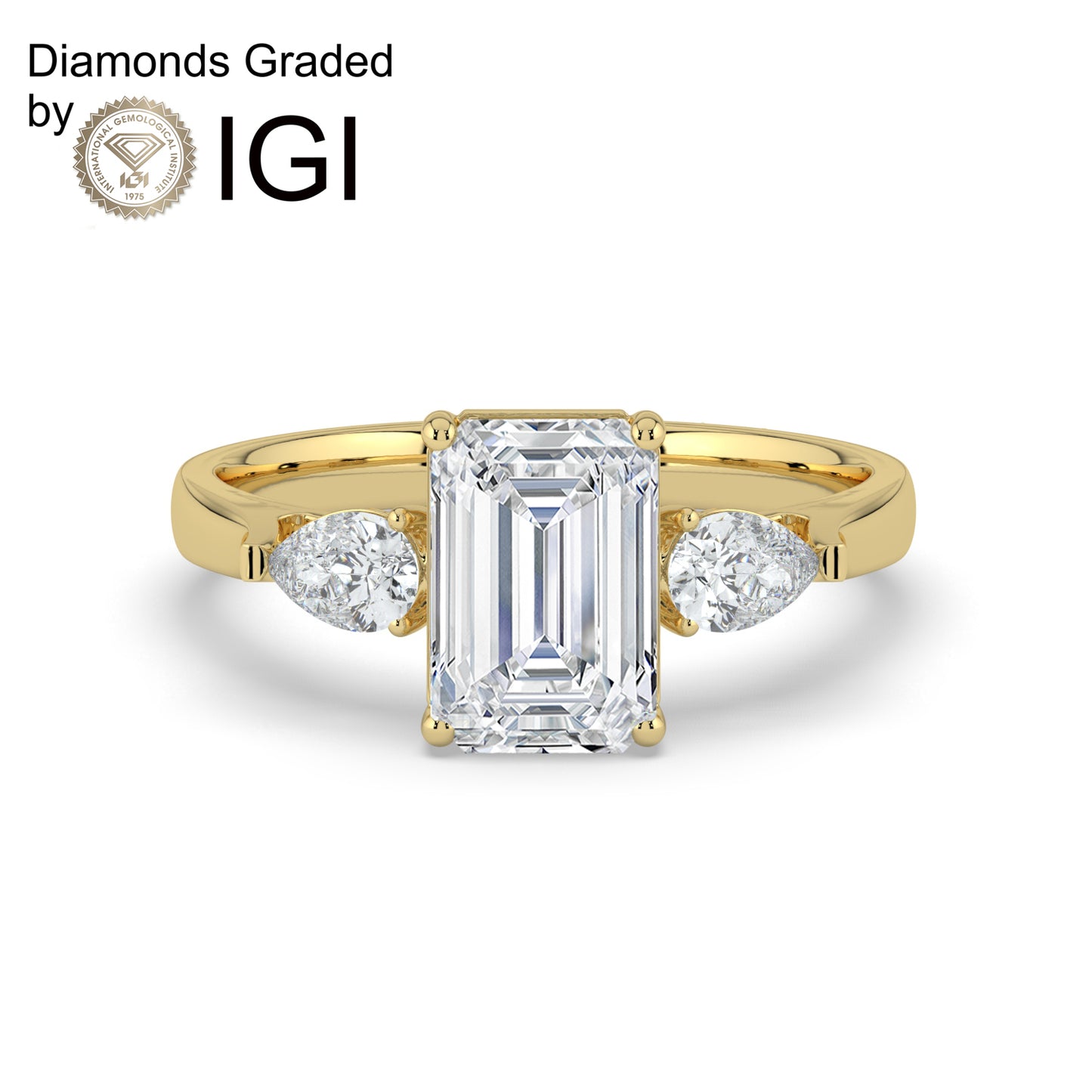 2ct Emerald Lab Diamond Trilogy Engagement Ring with Pear Side Diamonds - E/VVS 18K Gold
