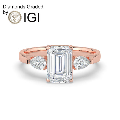 2ct Emerald Lab Diamond Trilogy Engagement Ring with Pear Side Diamonds - E/VVS 18K Gold