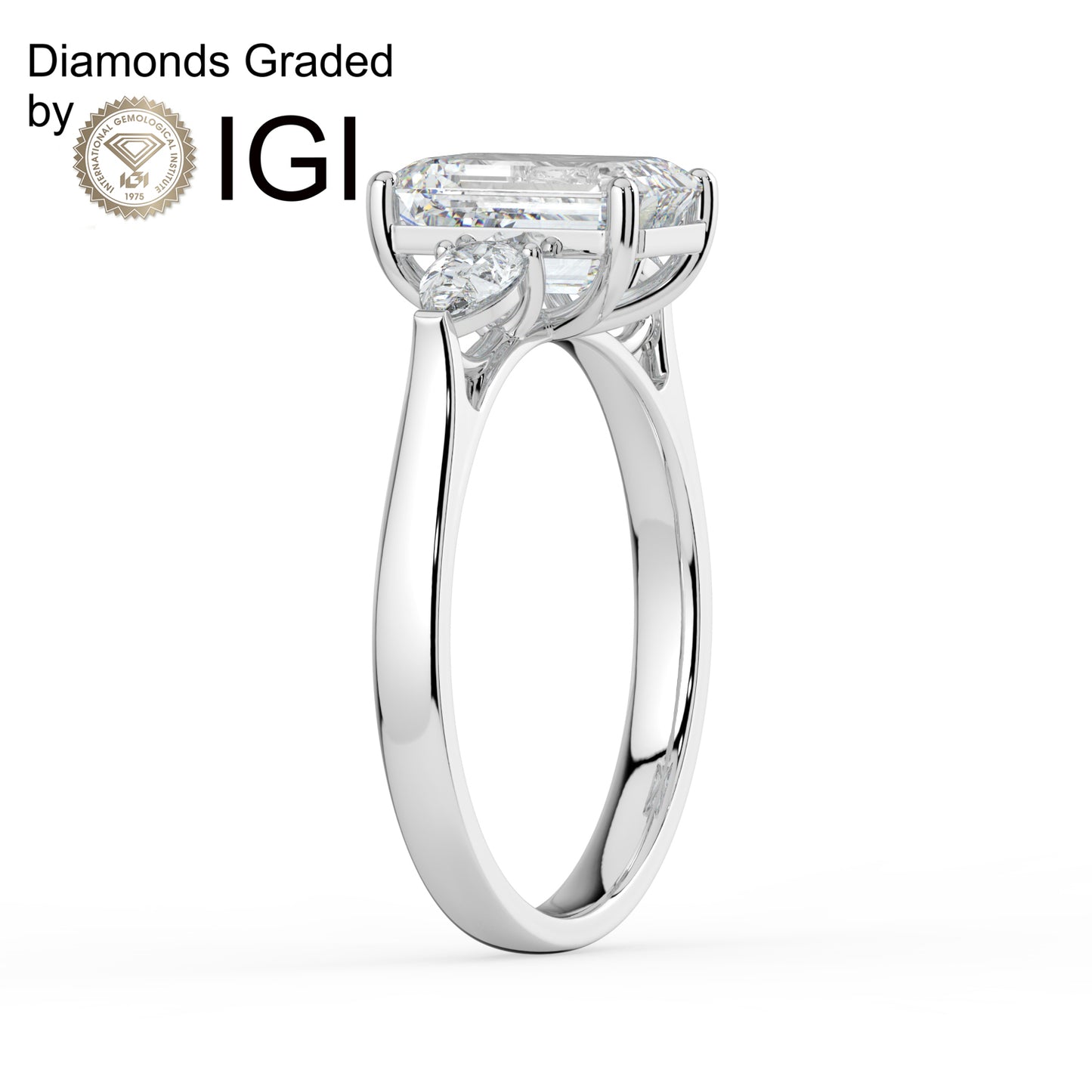 2ct Emerald Lab Diamond Trilogy Engagement Ring with Pear Side Diamonds - E/VVS 18K Gold