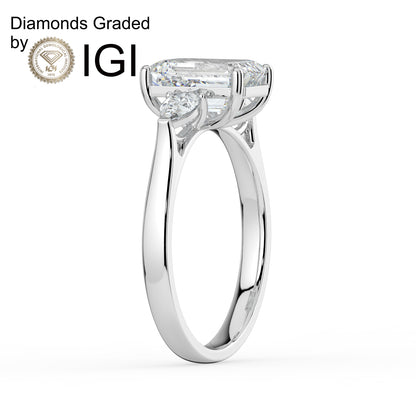 2ct Emerald Lab Diamond Trilogy Engagement Ring with Pear Side Diamonds - E/VVS 18K Gold