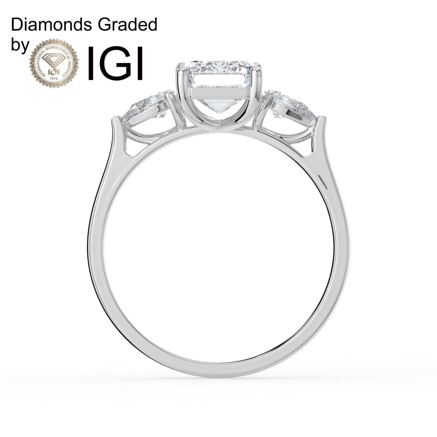 2ct Emerald Lab Diamond Trilogy Engagement Ring with Pear Side Diamonds - E/VVS 18K Gold