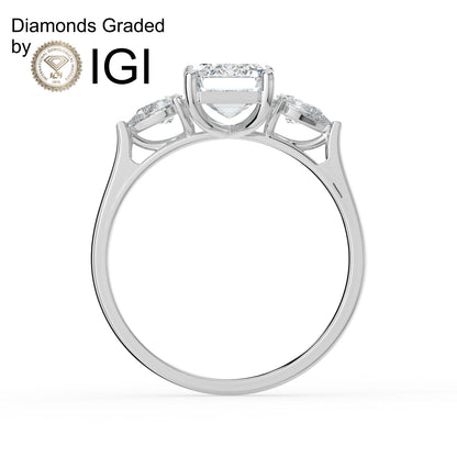 2ct Emerald Lab Diamond Trilogy Engagement Ring with Pear Side Diamonds - E/VVS 14K Gold