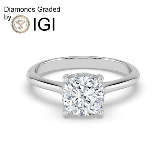 1ct Cushion Lab Diamond Engagement Ring with Hidden Halo - E/VVS 14K Gold