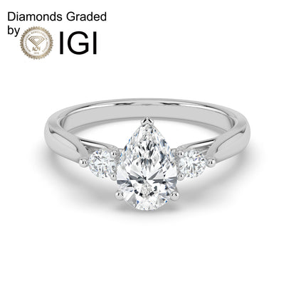 1ct Pear Lab Diamond Trilogy Ring with Round Side Diamonds - E/VVS 14K Gold