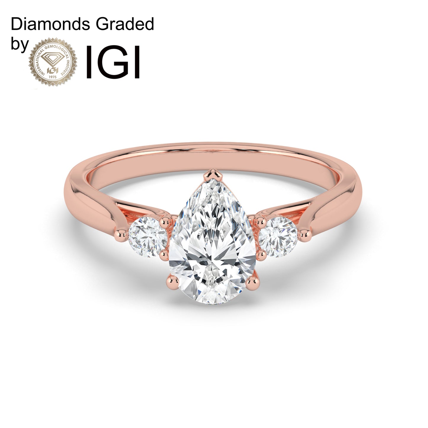 1ct Pear Lab Diamond Trilogy Ring with Round Side Diamonds - E/VVS 14K Gold