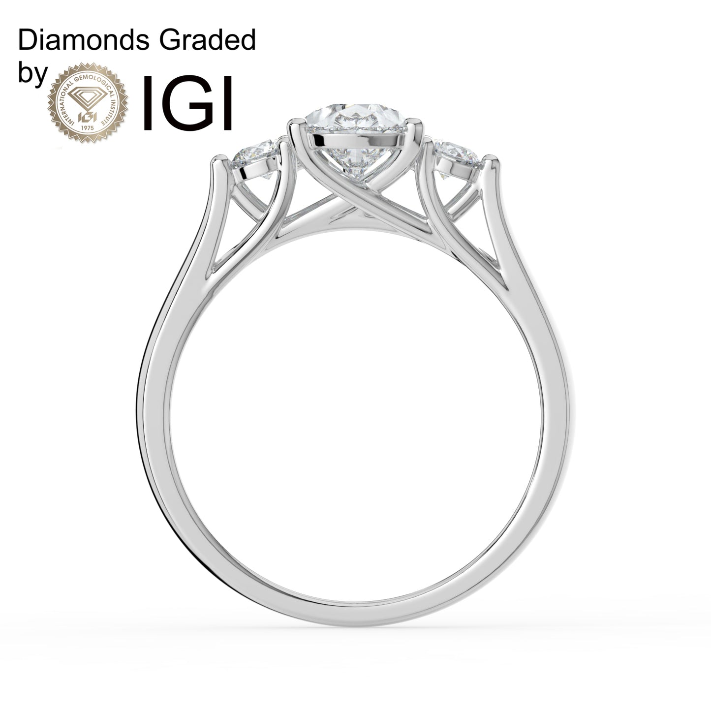1ct Pear Lab Diamond Trilogy Ring with Round Side Diamonds - E/VVS 14K Gold