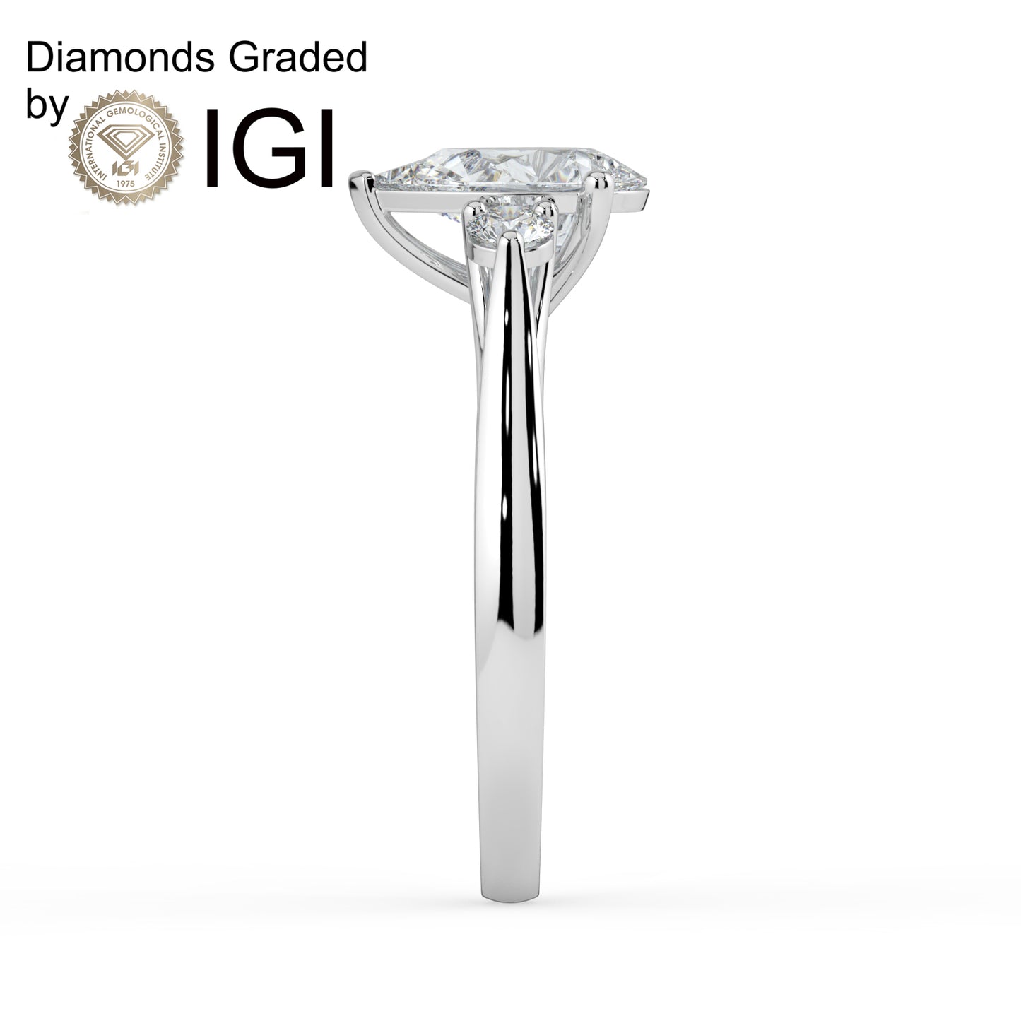 1ct Pear Lab Diamond Trilogy Ring with Round Side Diamonds - E/VVS 14K Gold