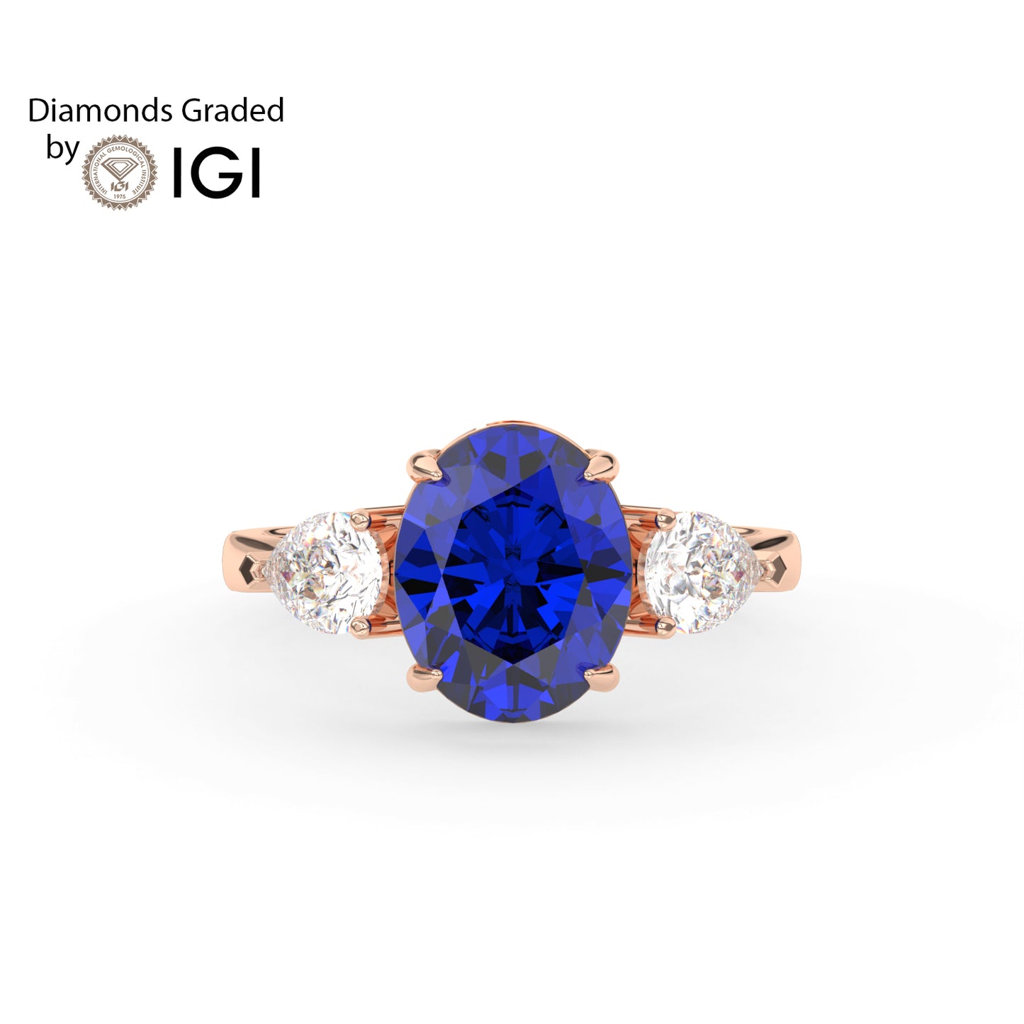 3ct Blue Oval Lab Sapphire Trilogy Ring Pear with Side Diamonds 18K Gold