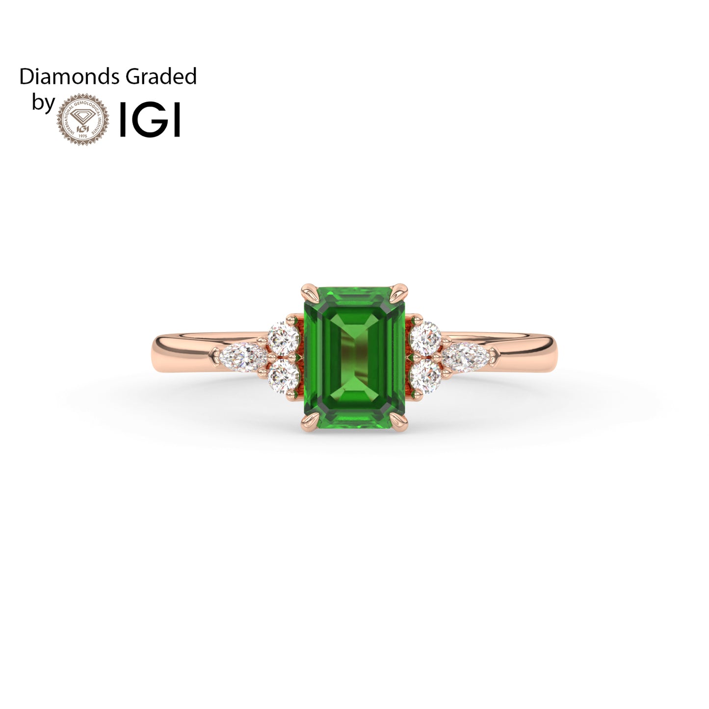 3ct Emerald Lab Emerald Trilogy Ring with Cluster Side Diamonds - AAA 18K Gold