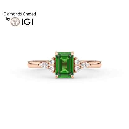 3ct Emerald Lab Emerald Trilogy Ring with Cluster Side Diamonds - AAA 18K Gold