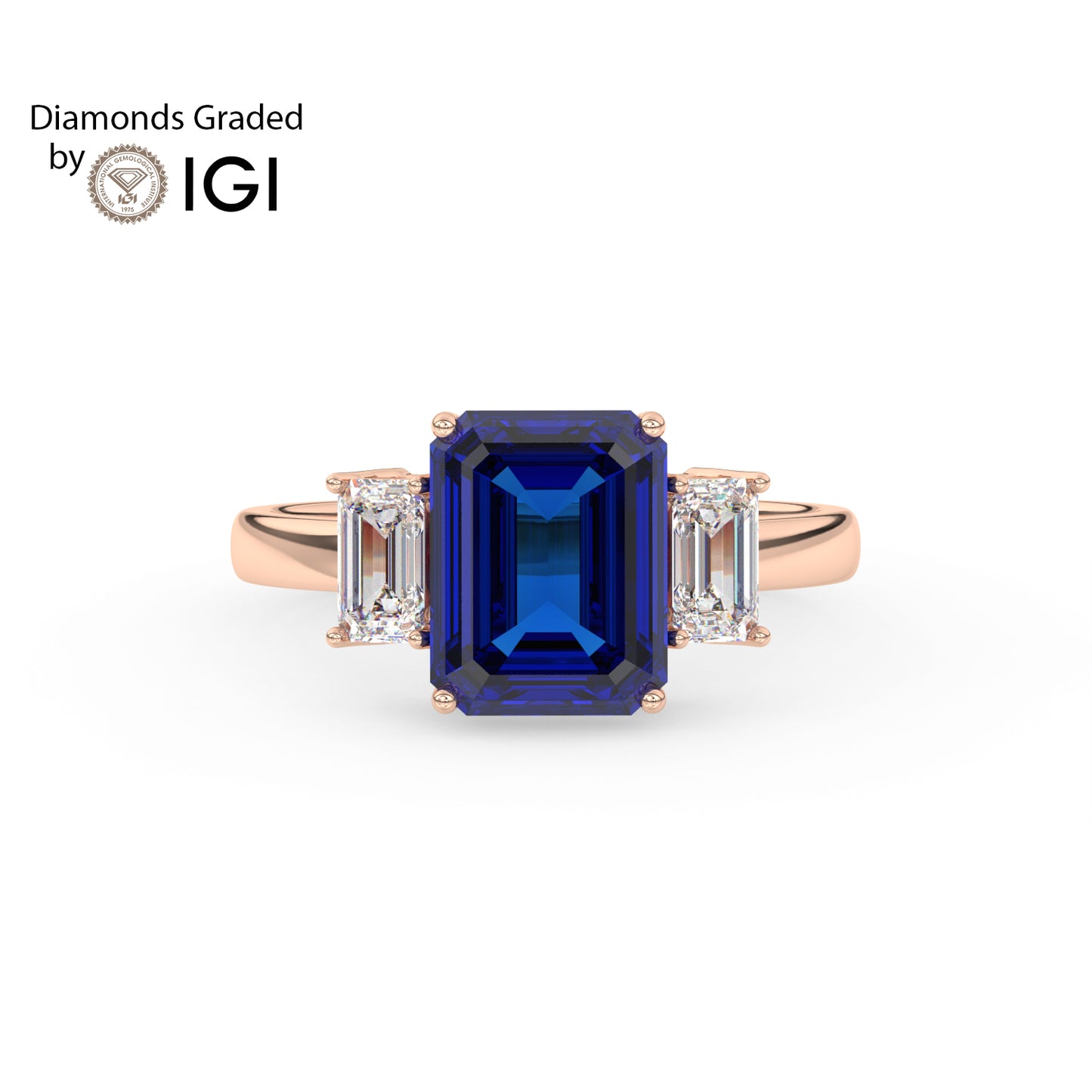 3ct Blue Emerald Lab Sapphire Trilogy Ring Emerald Side Diamonds 18K Gold