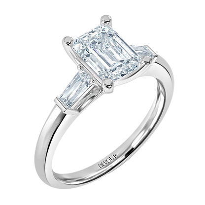 3ct Emerald Lab Diamond Trilogy Ring with Baguette Side Diamonds E/VVS Platinum