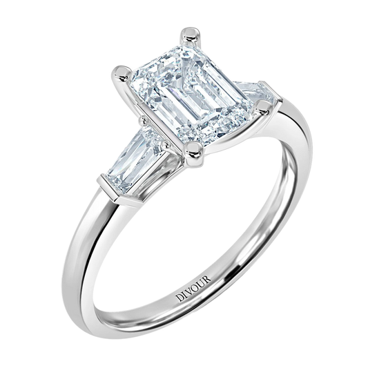 3ct Emerald Lab Diamond Trilogy Ring with Baguette Side Diamonds E/VVS Platinum