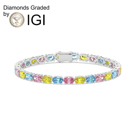 10.6ct Oval Multi-Colored Lab Diamond Tennis Bracelet - D-E/VVS 14K Gold