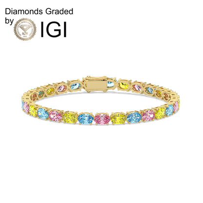 10.6ct Oval Multi-Colored Lab Diamond Tennis Bracelet - D-E/VVS 14K Gold