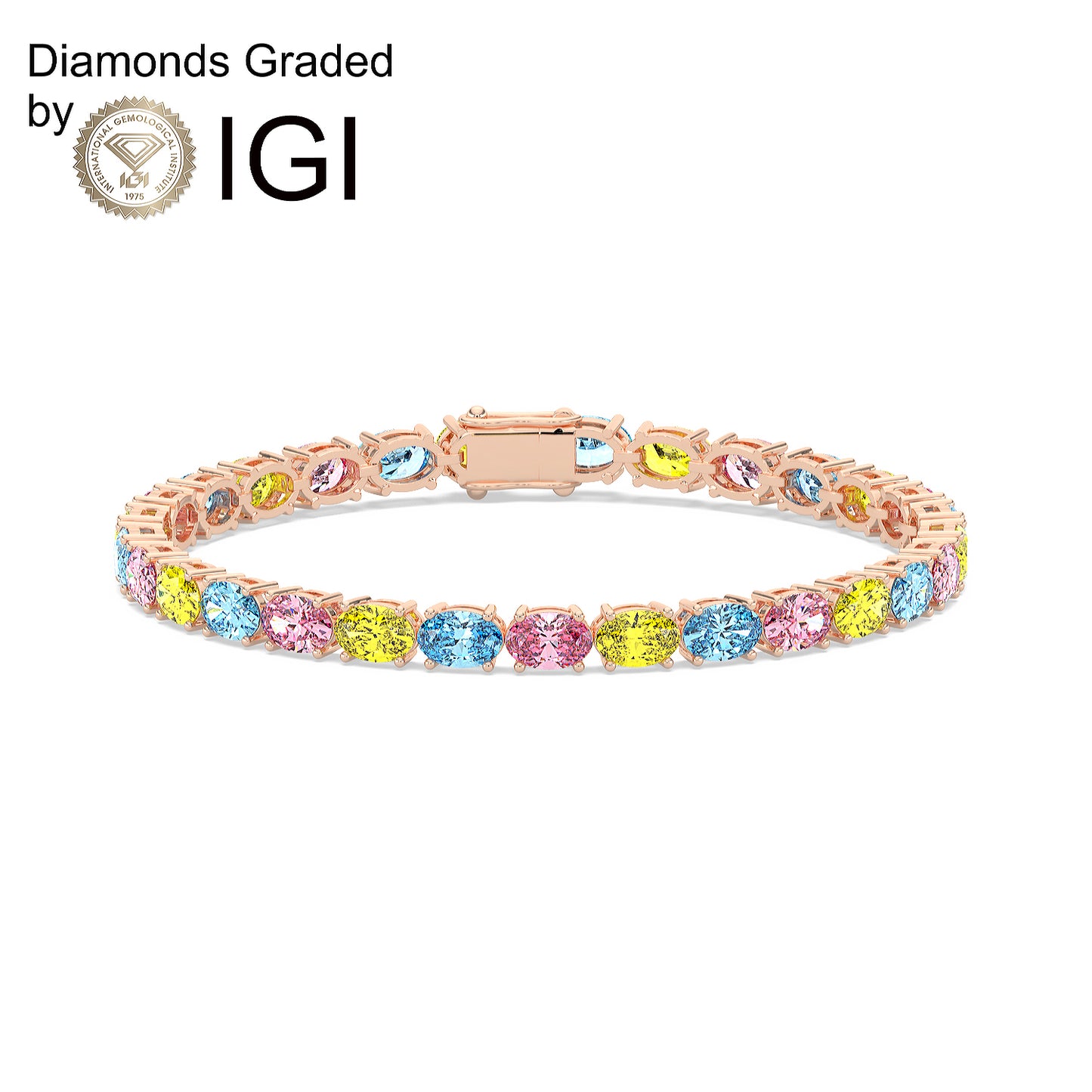 10.6ct Oval Multi-Colored Lab Diamond Tennis Bracelet - D-E/VVS 14K Gold