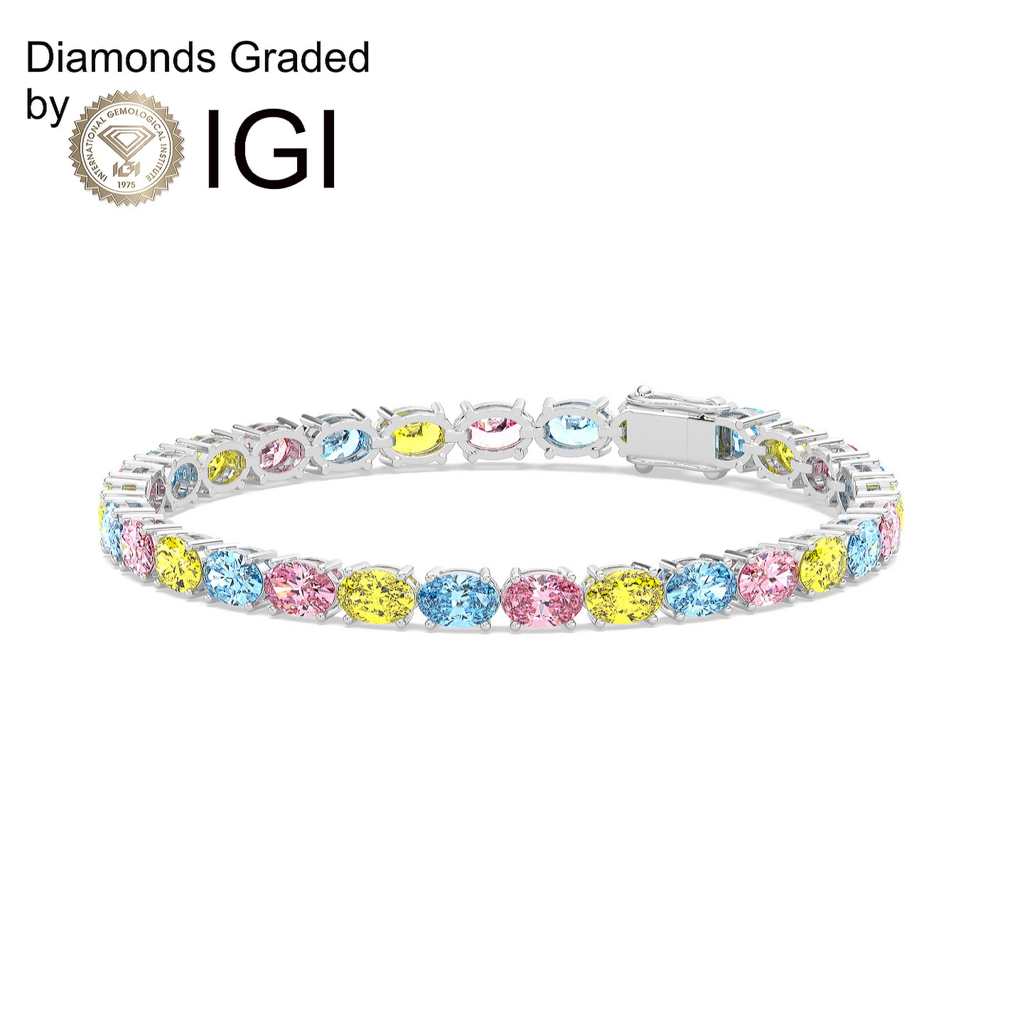 10.6ct Oval Multi-Colored Lab Diamond Tennis Bracelet - D-E/VVS 14K Gold