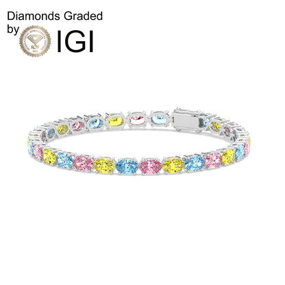 10.6ct Oval Multi-Colored Lab Diamond Tennis Bracelet - D-E/VVS 14K Gold