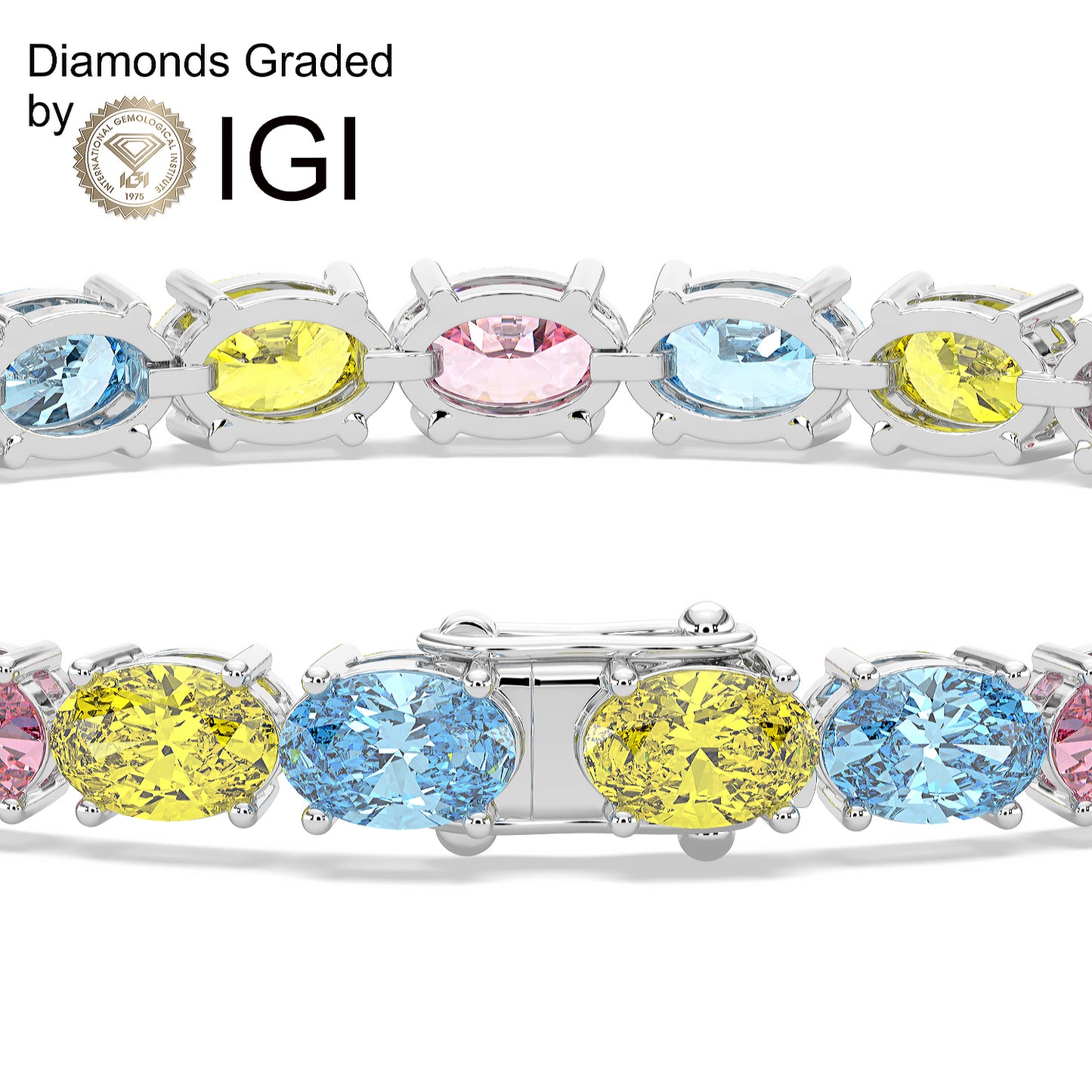 10.6ct Oval Multi-Colored Lab Diamond Tennis Bracelet - D-E/VVS 14K Gold