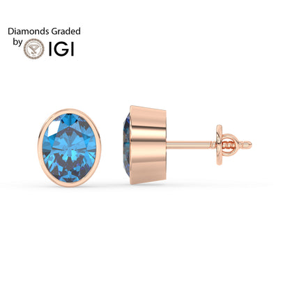 2ct Intense Blue Oval Lab Diamond Solitaire Stud Earrings - E/VVS 14K Gold